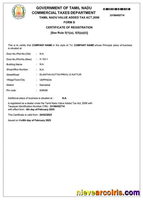 India Tamil Nadu VAT registration certificate